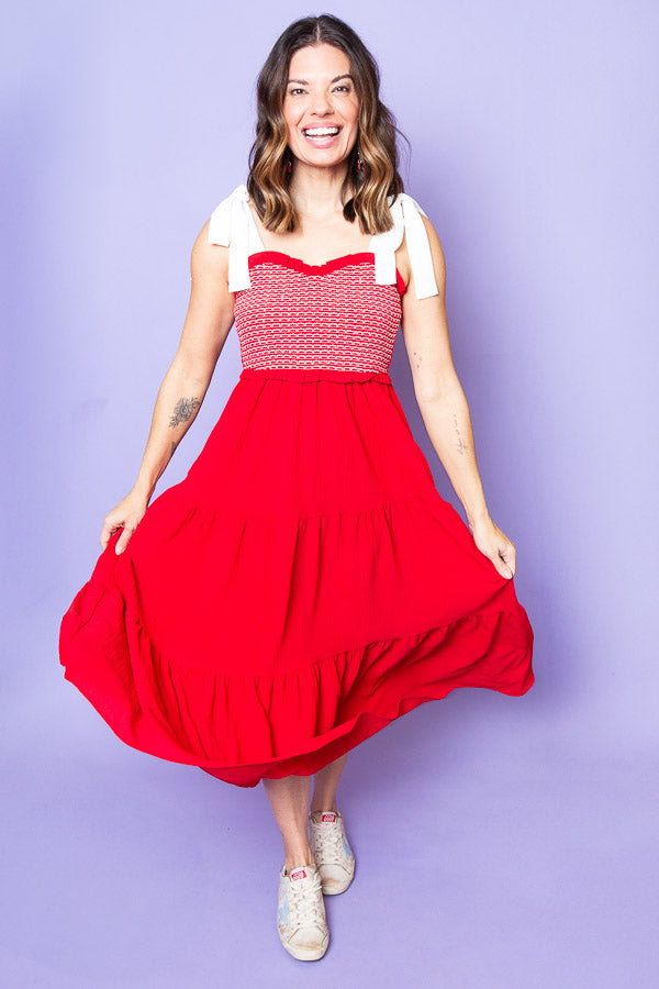 My Girl Red Tiered Midi Dress