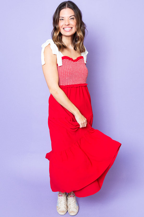 My Girl Red Tiered Midi Dress