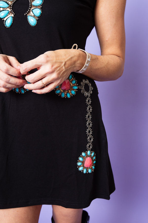 Queen Of Sparkles | Black Turquoise Necklace & Belt Dress