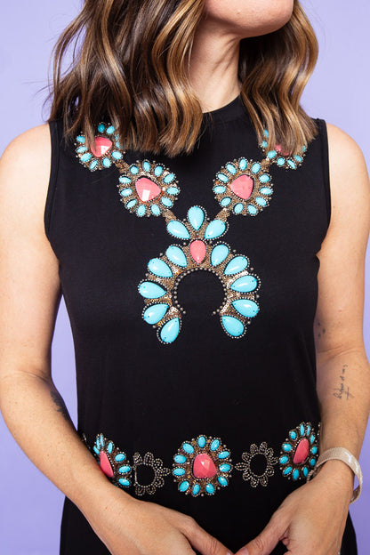 Queen Of Sparkles | Black Turquoise Necklace & Belt Dress