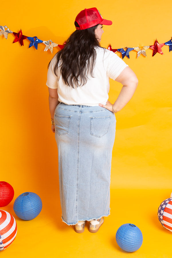 The Daphne Denim Midi Skirt | Curvy