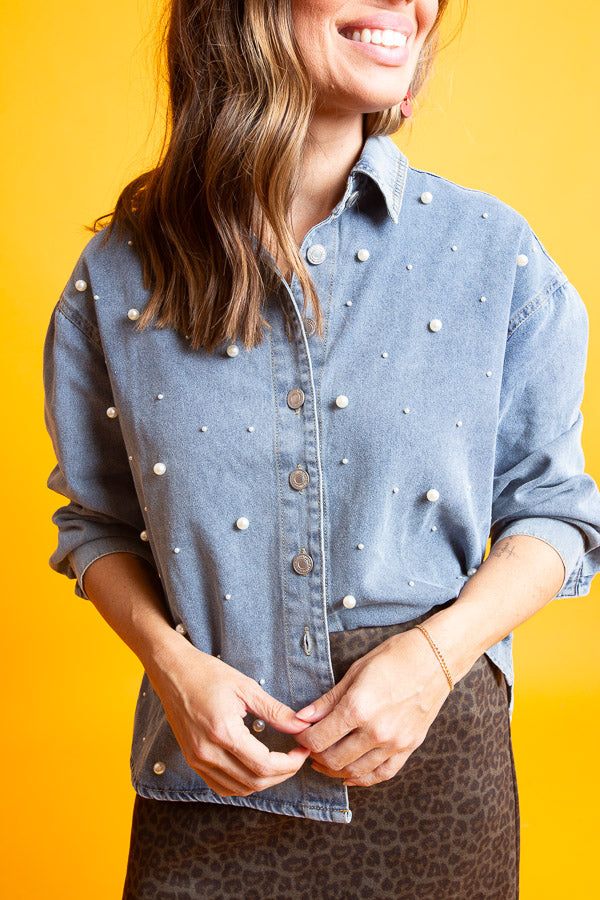 Denim Pearl Elegance Top