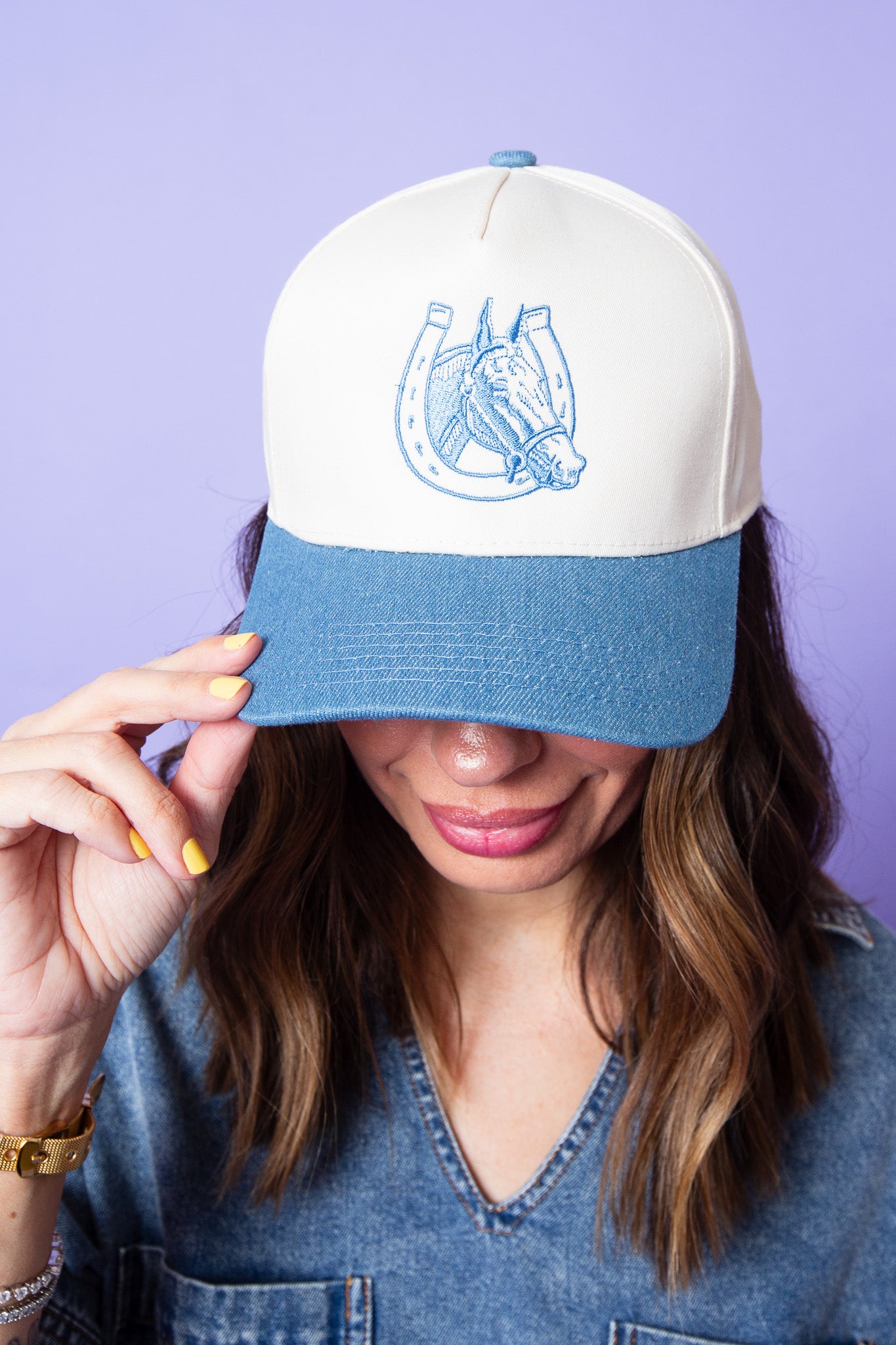 Denim Horse Shoe Embroidered Cap